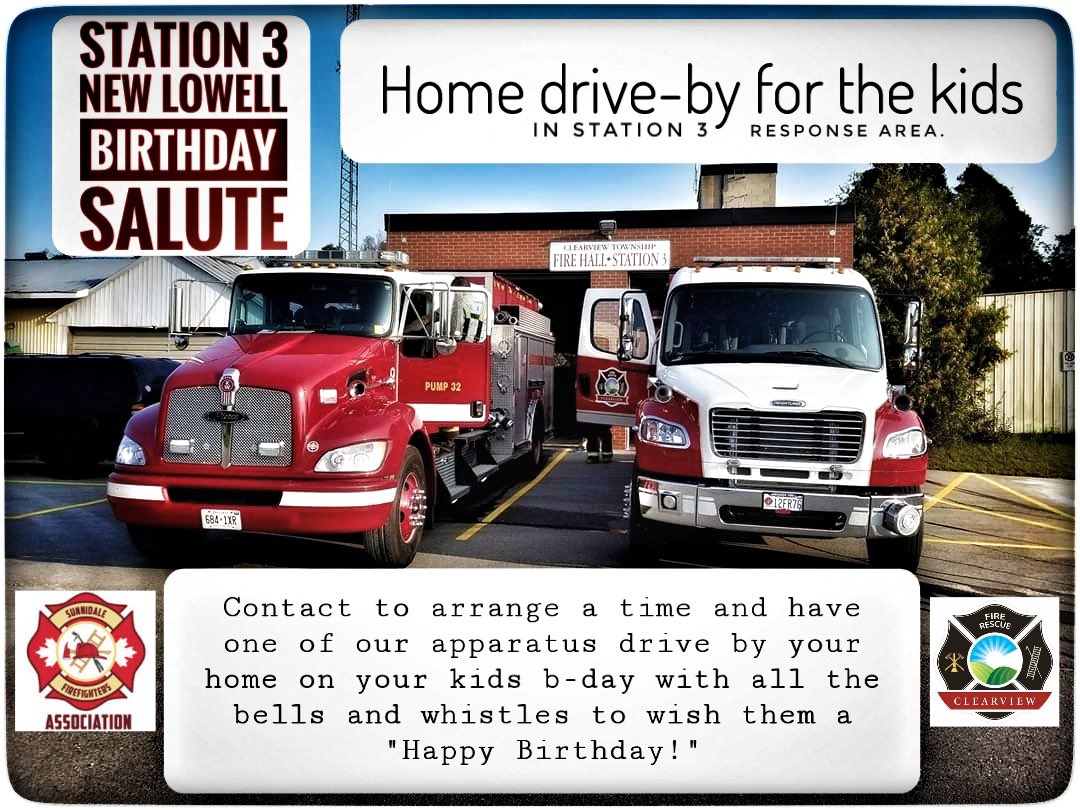 SUNNIDALEFFA's tweet image. Attention New Lowell and Stn 3 response area residents! Due to the COVID-19 situation, the @ClearviewFire station 3 firefighters would like to offer your children a HAPPY BIRTHDAY DRIVE BY SALUTE! Please message @Steve_Jolliffe to make arrangements. #StayHome #StrongerTogether