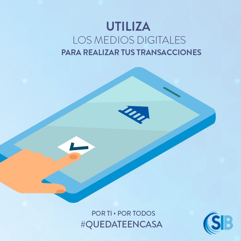 La SIB exhorta a la población a  usar preferiblemente los medios electrónicos para sus operaciones bancarias y así contribuir con el protocolo de prevención del COVID19 para mitigar su propagación. Ampliar 👉🏻 bit.ly/3alMmjN