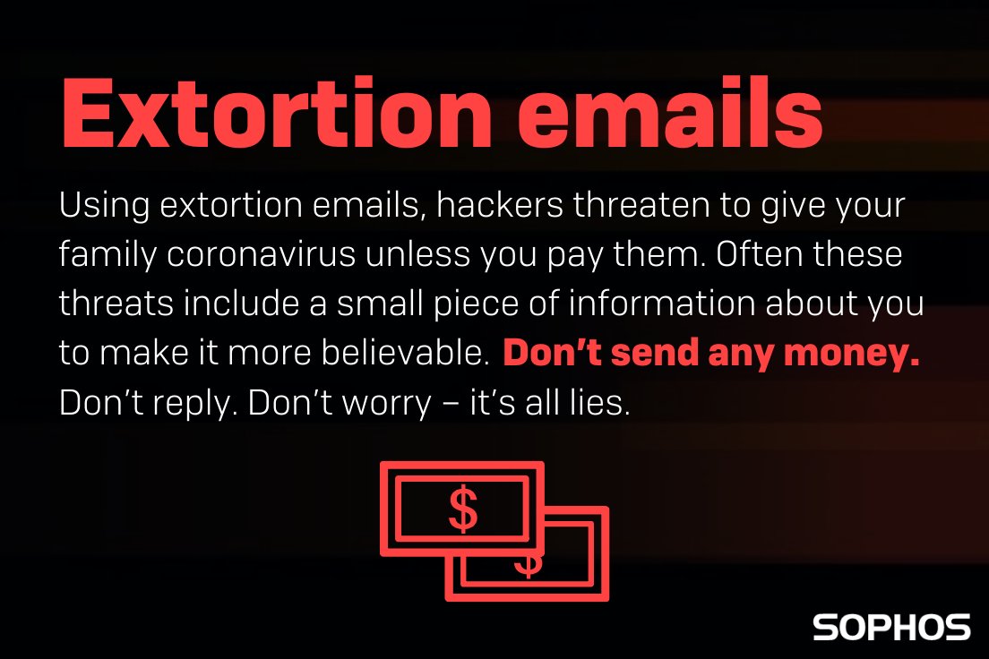 Sophos's tweet photo. ⚠️ Hackers are busy exploiting coronavirus in their attacks. Here are some scams you should be keeping an eye out for.

Read more: https://t.co/qG8lIh1sg3 https://t.co/doja2FxHo2