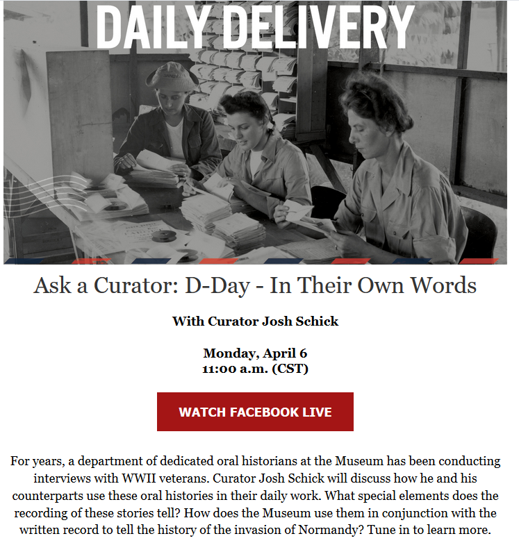 Hungry4History's tweet photo. Today at 11 CST! The @WWIImuseum is hosting a FB Live: https://t.co/J9Qw1WyY54 https://t.co/gMVlGkgqGu