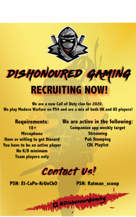 DishonourGaming's tweet photo. @Mighty_RTs 
@LaZy_RTs 
@FlyRts 
@SGH_RTs 
@ShoutGamers 
@Clan_Finder_ 
@CoD_RTs 
@CoDRecruitMe 
@FindMeAClan https://t.co/cOqmB6JWXv