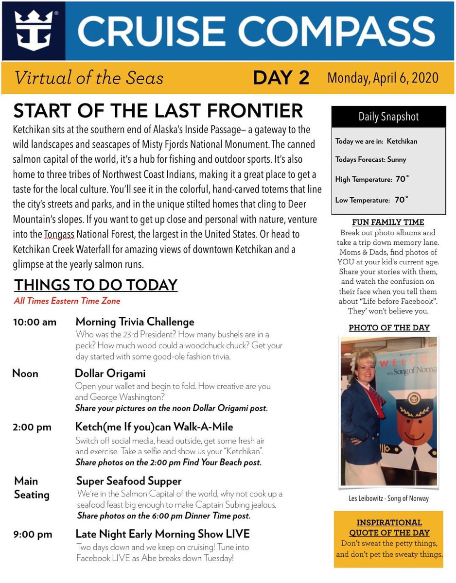 JamesVanFleet's tweet photo. Mornin’ World! Here’s your Day 2 Cruise Compass on @RoyalCaribbean #VirtualoftheSeas, brought to you by Cruise Director Abe Hughes. Sending love and prayers to ALL of you on the front lines, and have an amazing Monday friends! Keep...pushing...forward!! https://t.co/OLJPgYqH7w