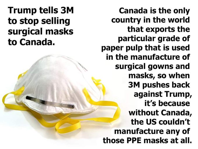 QueenBeeCanadas's tweet photo. Does @realDonaldTrump realize the #USA could not manufacture @3M Surgical masks WITHOUT #Canada? THANK YOU #3Mcanada https://t.co/JKfdomyIld