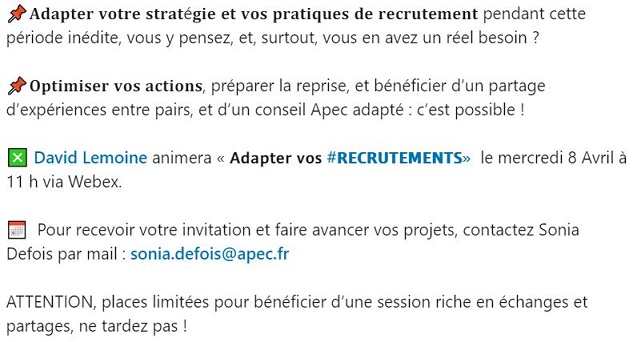 ApecPDL's tweet photo. [𝐑𝐄𝐂𝐑𝐔𝐓𝐄𝐌𝐄𝐍𝐓 – 𝐂𝐎𝐍𝐅𝐈𝐍𝐄𝐌𝐄𝐍𝐓] WEBATELIER 
📌𝐎𝐩𝐭𝐢𝐦𝐢𝐬𝐞𝐫 𝐯𝐨𝐬 𝐚𝐜𝐭𝐢𝐨𝐧𝐬, préparer la reprise, partage d’expériences entre pairs, conseil Apec : 
💻David Lemoine animera 
« 𝗔𝗱𝗮𝗽𝘁𝗲𝗿 𝘃𝗼𝘀 #𝗥𝗘𝗖𝗥𝗨𝗧𝗘𝗠𝗘𝗡𝗧𝗦»  
🗓️le 8 Avril à 11 h https://t.co/kDwA41BQGB