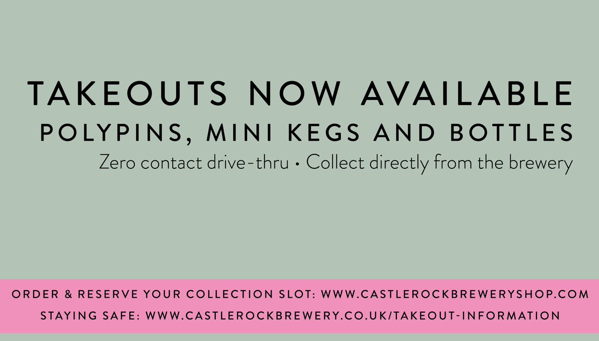 Castle Rock Drive-Thru is now open every Thurs, Fri &amp; Sat from 10am-12pm 🥳 Pre-orders only! 
Order at castlerockbreweryshop.com &amp; we'll confirm a collection slot with you. (Last orders at midday the day before collection.)
💙 Massive thank yous to everyone making orders! 🍻💙