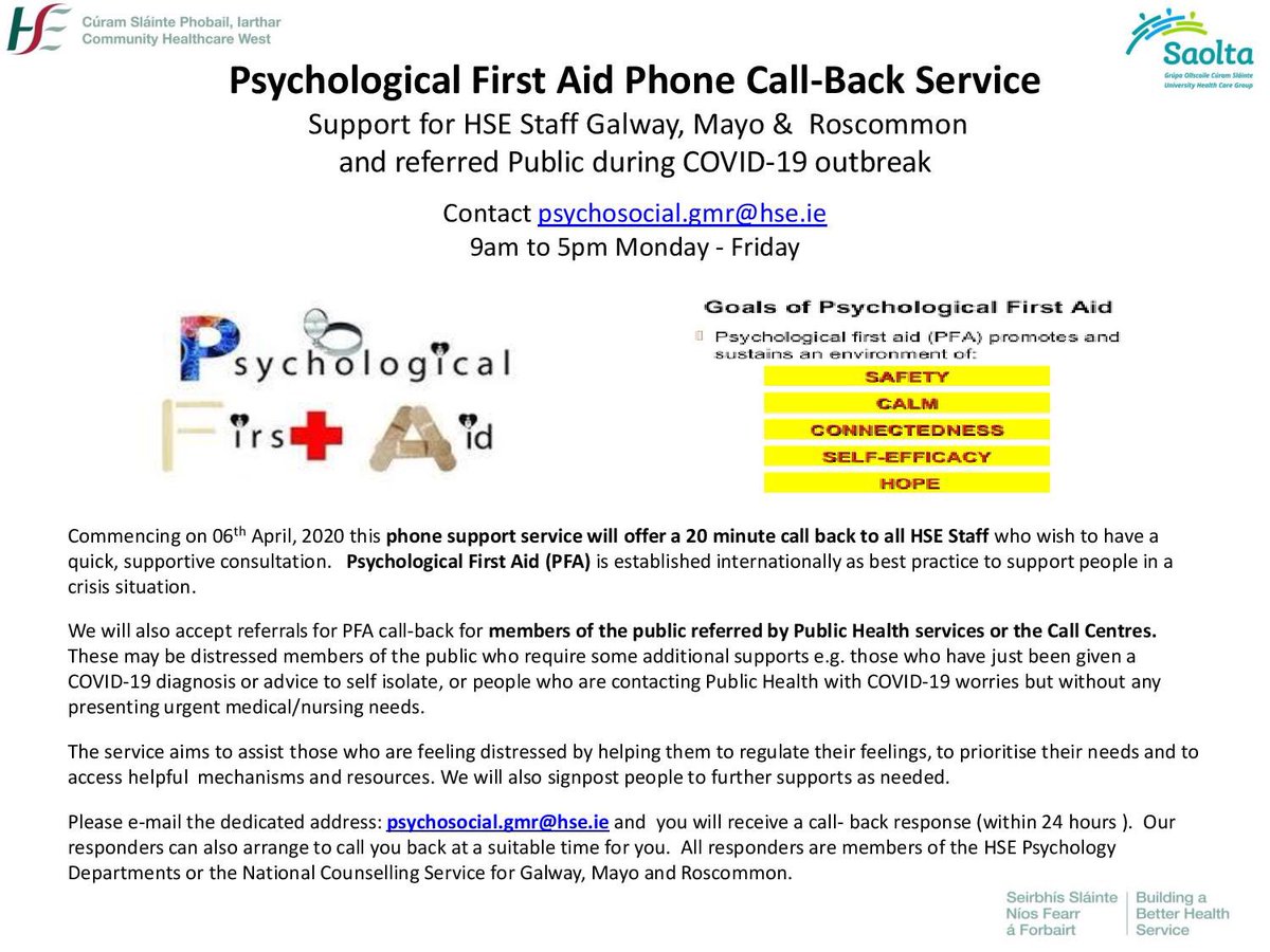 StaffNewsWNW's tweet photo. INFORMATION | New service launched today for HSE @CHO2west &amp; @saoltagroup staff and members of the public 👉🏻Psychological First Aid Call Back Service. https://t.co/Ex60Mw0IXq