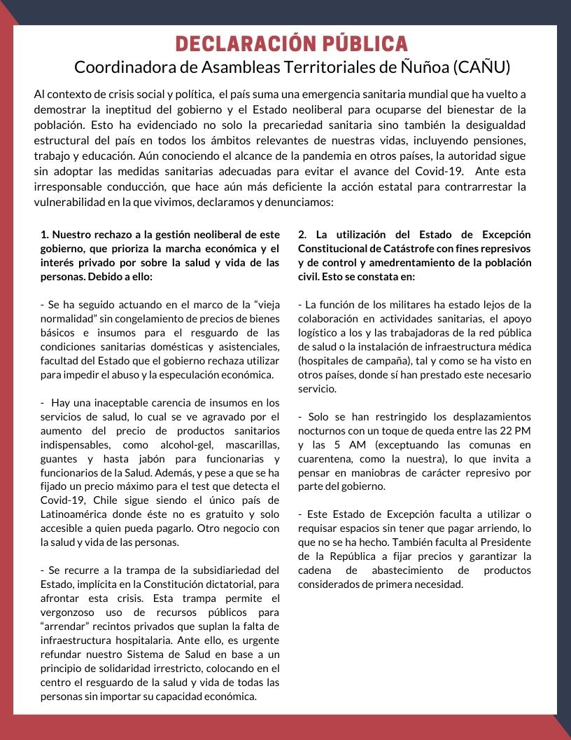 poderparqueram1's tweet photo. En el actual contexto de crisis sanitaria y social, y frente a la respuesta neoliberal del gobierno, la cual precariza más nuestras condiciones de vida, la Coordinadora de Asambleas Territoriales de Ñuñoa (CAÑU), hace la siguiente declaración pública 👇🏻 https://t.co/ICo9xWZOIr