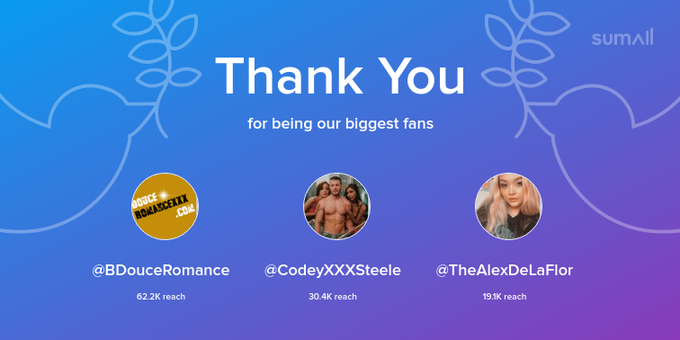 Our biggest fans this week: BDouceRomance, CodeyXXXSteele, TheAlexDeLaFlor. Thank you! via https://t