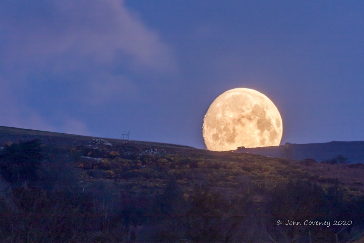 JohnC1809's tweet photo. 6.10 this am for Apr 97% full Moon #PinkMoon setting over #RathmichaelWoods (L) & #FairyCastle (R) #Dublin. From #ShanganaghPark #2kmfromhome. @AstronomyIRL @IrishTimes @SCANShankill @photoEphemeris @DubMountains #LovinDublin @LoveSouthDublin @CanonUKandIE #SocialDistancing https://t.co/g0nlYONeQa