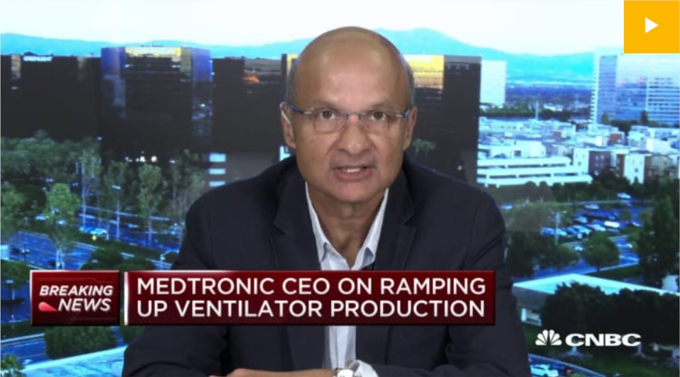 Medtronic's tweet photo. Omar Ishrak @MedtronicCEO appeared on @CNBC @SquawkStreet to discuss #ventilator production, open sourcing, and partnering with companies to help address #COVID19. https://t.co/0EmOhI6Sel https://t.co/xCjfbD92L0