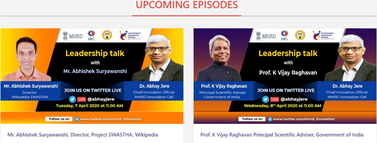 makeinbvb's tweet photo. MHRD Innovation Cell-AICTE is organizing a Leadership Talk with Mr. Abhishek Suryavanshi, Director of the  Project SWASTHA, Wikipedia on April 7th, 2020.
So at 11 am Join in live for the talk series on the twitter handle  @abhayjere https://t.co/fDDp7Ux7LN