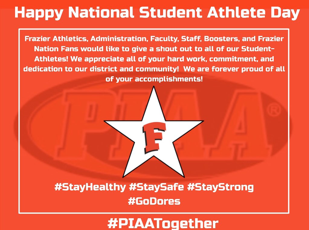 Dores_Athletics's tweet photo. Happy National Student Athlete Day to our student-athletes and all of those across the @wpial7 and @PIAASports We wish you a Happy National Student-Athlete day today. Thank you for all your hard work and dedication!!
#PIAAtogether #FrazierPride #GoDores
@frazier_hs @FSDFrazier https://t.co/V0hYKesKtu