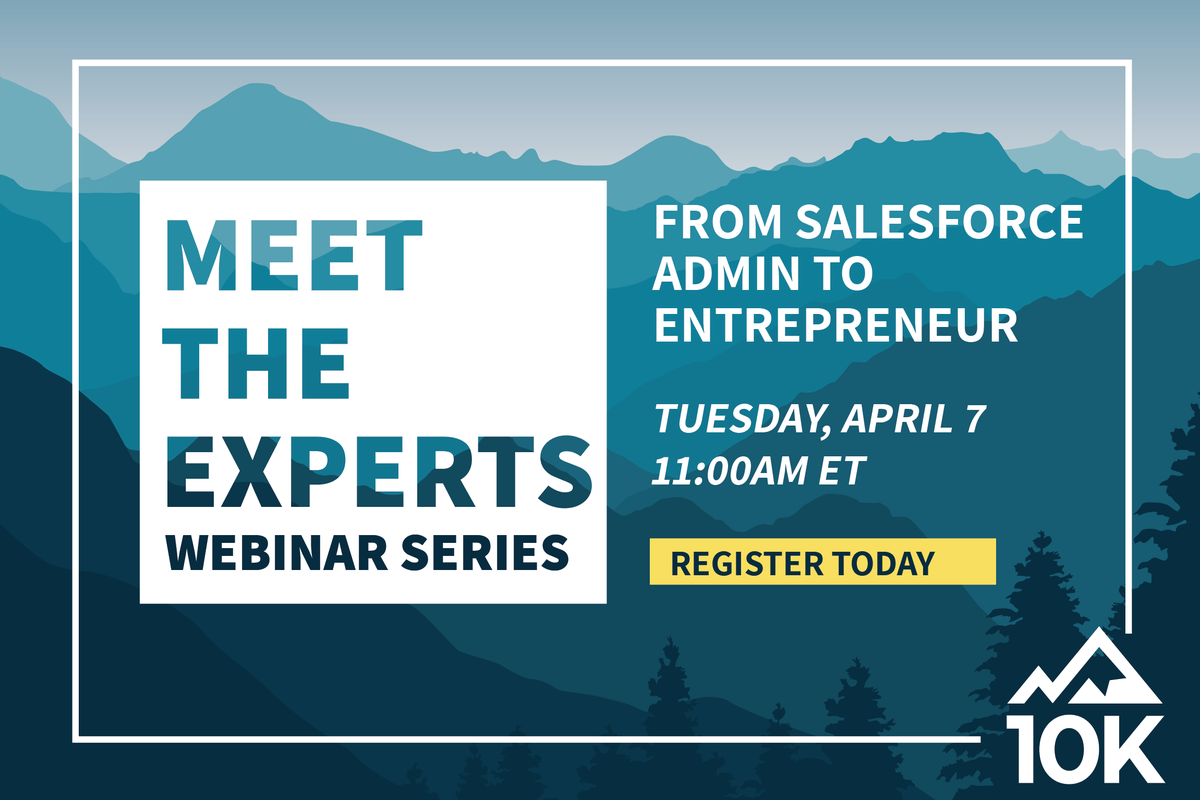 10Kview's tweet photo. Join us for our first Meet The Experts Webinar, Admin to Entrepreneur. TOMORROW, April 7, 11:00 AM ET.
Practical and honest advice on starting and growing a business in the @salesforce ecosystem.
https://t.co/WrhY1OreAo
#MeetTheExperts #AdminToEntrepreneur #SalesforceTalent https://t.co/CEJfdVAjzd