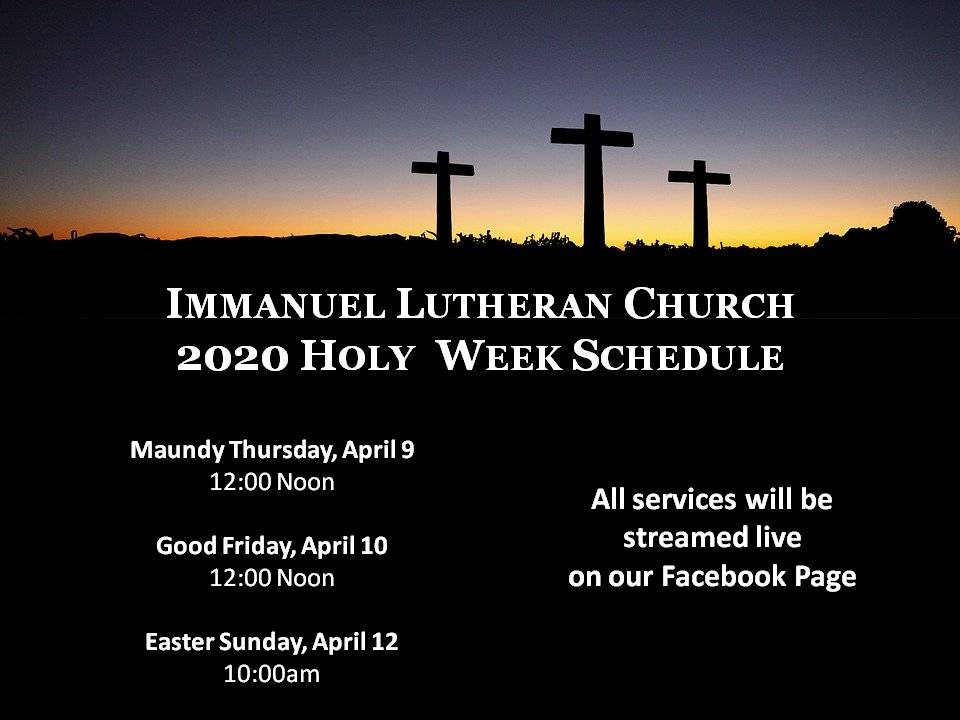 BmoreImmanuel's tweet photo. Walk with Jesus during this most holy time of year.  Join us via Facebook Live at the following times...

Maundy Thursday, April 9: 12:00 Noon

Good Friday, April 10: 12:00 Noon

Easter Sunday, April 12: 10:00am

https://t.co/LRMfIAUa0Z https://t.co/H5HB6JL9VH