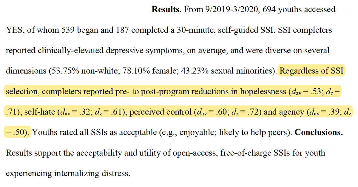 JSchleiderPhD's tweet photo. In Sept '19 my lab made Project YES to offer free, 1-session mental health programs

Today I'm thrilled to share our 1st YES preprint:

"Acceptability and Utility of an Open-Access, Online Single-Session Intervention Platform for Adolescent Mental Health" https://t.co/tfuZRdKbpT https://t.co/KAAkAtsAgN