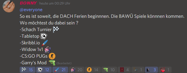 In 2 Wochen ist erst das nächste Match, Das bedeutet wir haben genug Zeit für Game Nights! 🎲
Ihr wollt dabei sein ? Joined unserem Discord und reagiert im Channel #news auf diesen Post.

Baden-Württemberg Discord: discord.gg/JTFGYgT
