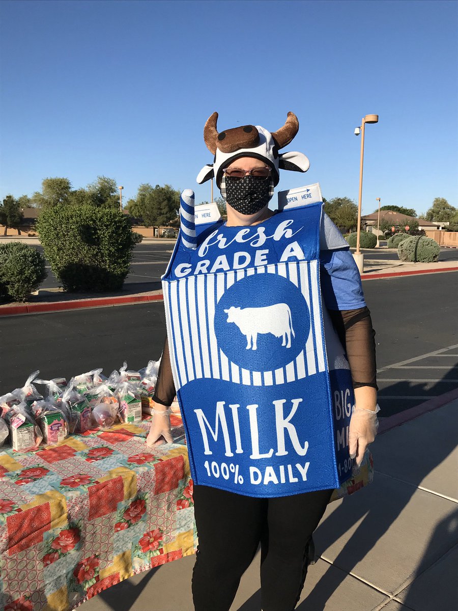 YouthWellnessRD's tweet photo. Safe yet fun school meal delivery at JO Combs district in Arizona. Just the levity needed for children during these stressful times. Thank you @PattyNarducci &amp; your amazing crew of pros! @azedschools @SchoolLunchAZ @SchoolLunch @AzMilkProducers #FuelGreatness #UndeniablyDairy https://t.co/UURaqQ5NHq