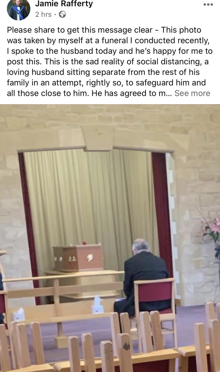 Social distancing at its worst... this man was left isolated at a funeral Jamie one of our owners up Funeral Directors conducted on Friday. Heart breaking but sadly the new reality...