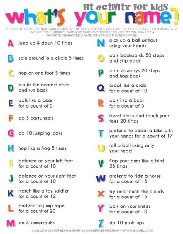 This is a great idea, although I will just be spelling my first name.  These are some great activities kids can use for brain breaks throughout the day as well.  #sel #rvilleproud #walklikeabear #toysoldier
