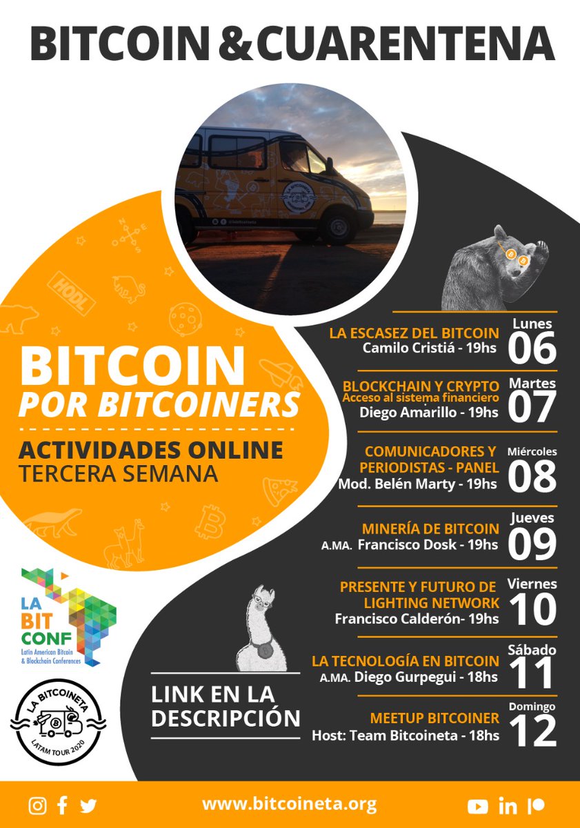 Nueva semana de cuarentena, tenemos nuevo ciclo de actividades!
Todos los días una propuesta online diferente. 

Podes ver la agenda y charlas anteriores en labitcoineta.it4crypto.com