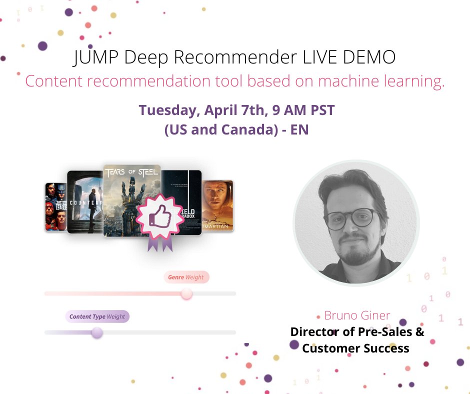 Join us tomorrow! 

Register here: lnkd.in/gYiYATU

Bruno Giner our Pre-sales Director will be showing you how our Deep Recommender solution works and how it can help your video service´s user experience.

#recommendationengine #ott #videoplatform #videoservice #audience