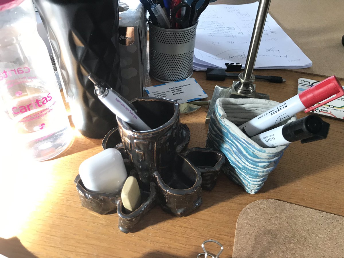 gemcmb's tweet photo. Oh the joys of working from ‘home home’ - back at my parents &amp; ask if there was a spare pen pot, have been presented with these beauties which I apparently made 20 odd years ago. Solid workwomanship. https://t.co/dezGQAqBU7