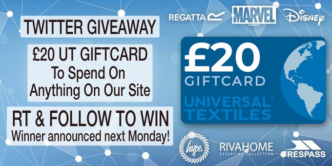 #UniversalTextiles £20 #Giftcard #Giveaway! Valid across ALL products on our site! #Follow &amp; RT to #win! Ends 13/04 #competition #prize #compers #contest #prizes #comping #prizedraw #MondayMotivation