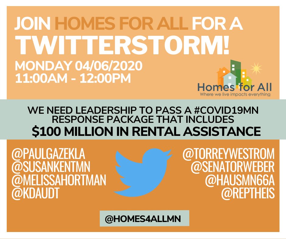 11 AM to NOON TODAY! Take action and build momentum for Homes for All even with the physical restrictions of the COVID-19 pandemic. Join the Twiterstorm  at  @Homes4AllMN

More information found at our blog ow.ly/kHeE50z5GFV.