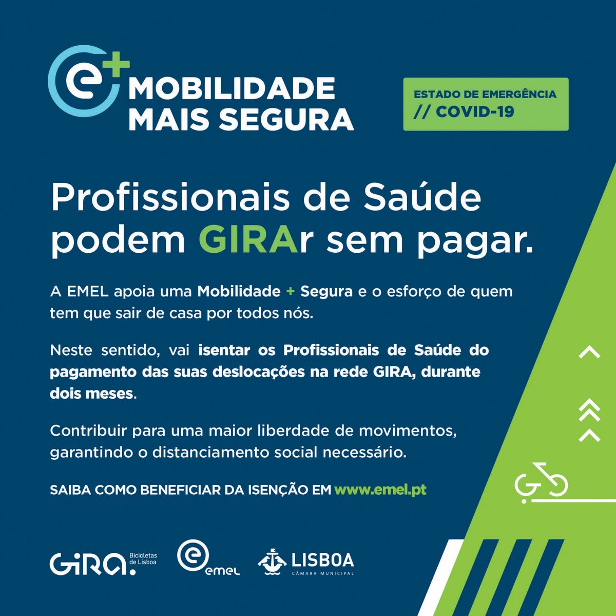 F__Medina's tweet photo. A partir de hoje todos os profissionais de saúde podem andar nas bicicletas da rede GIRA sem pagar. Uma medida que garante mais uma alternativa de mobilidade a quem tudo tem feito para nos proteger a todos. 
Saiba como beneficiar da isenção em https://t.co/l27X2yBpR5 https://t.co/AuJM6NlvGa