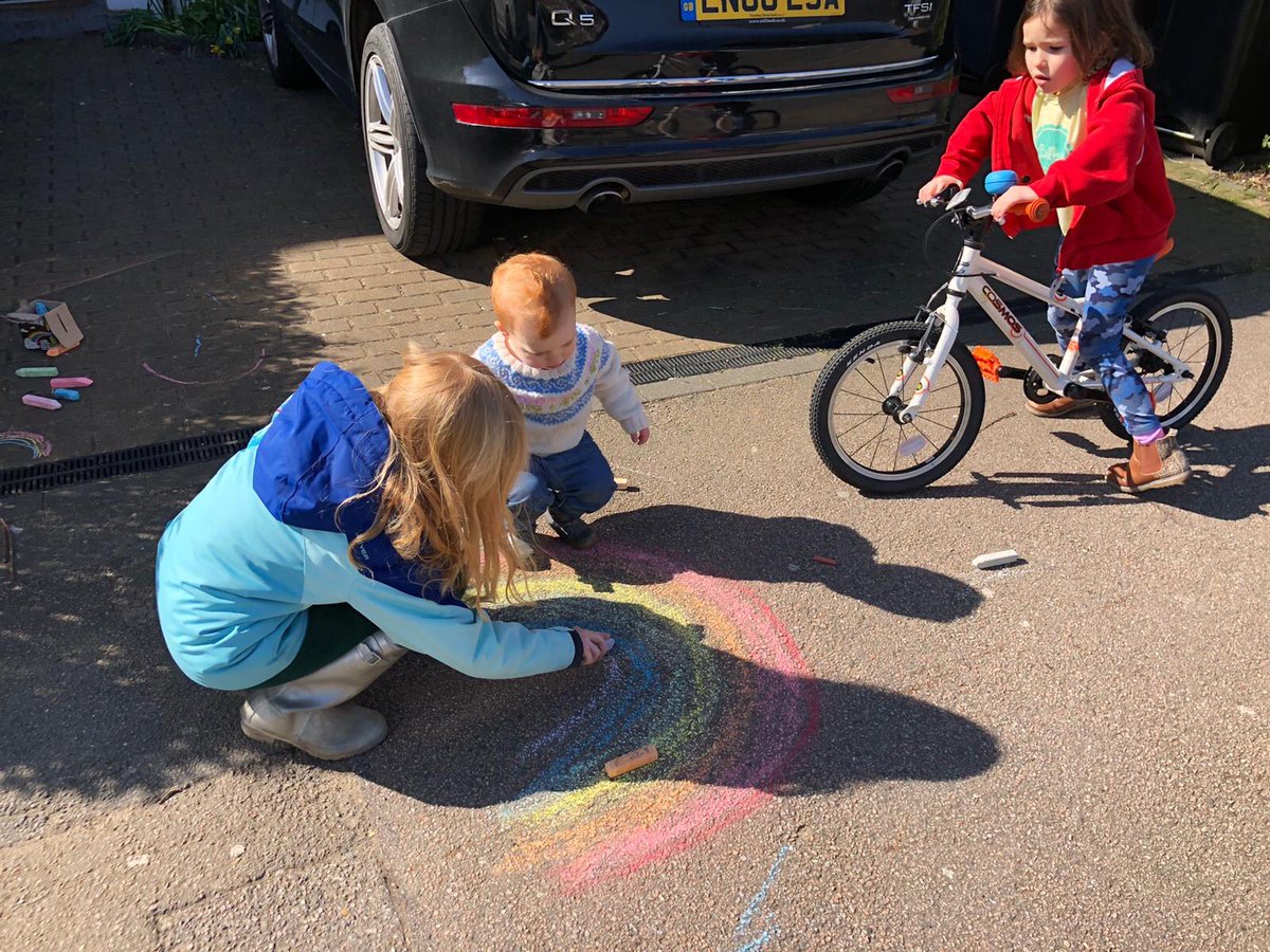 darren_stirrup's tweet photo. My nieces, Mia, Emily and Juno making rainbows on the pavement outside their house #VPRainbowTrail ⁦@teamvistryp⁩ #WeAreAllInThisTogether https://t.co/UcQd1V1sFG