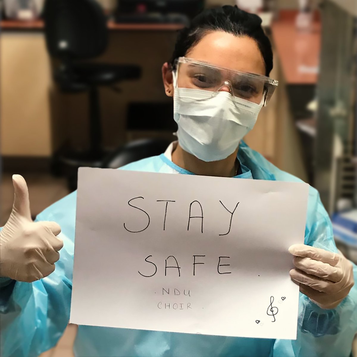 NDUChoir's tweet photo. We couldn't be more proud that one of our own sopranos is on the front lines of the battle against coronavirus! Jihane Dahan is spending her days in the lab of Saint Georges Hospital Beirut, studying blood samples of corona patients. Jihane has a small message for you: STAY SAFE! https://t.co/QIR1jYgUQQ