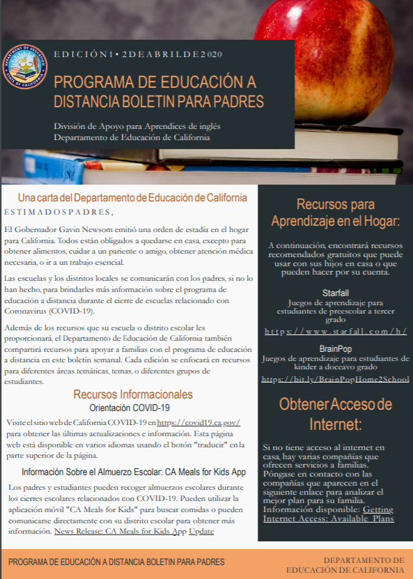 The California Department of Education has released a parent newsletter in Spanish and English to help families stay informed. The English version can be found at: cde.ca.gov/ls/he/hn/docum…
The Spanish version can be found at: cde.ca.gov/ls/he/hn/docum…