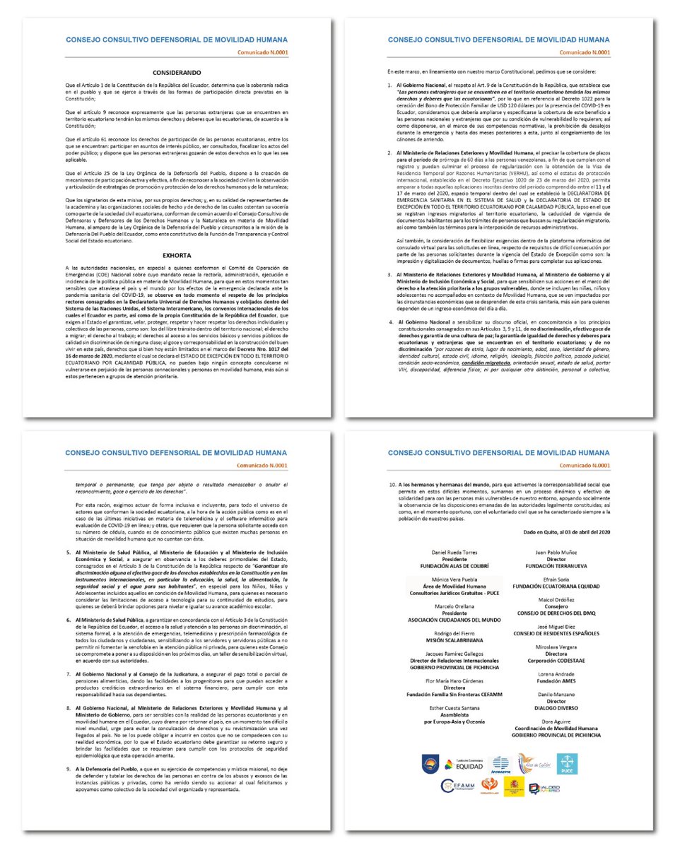 DEFENSORIAEC's tweet photo. Atención| El Consejo Consultivo Defensorial de Movilidad Humana exhorta a las autoridades nacionales y, específicamente, al COE Nacional a garantizar los #Derechos de las personas en situación de movilidad humana en el contexto de la #EmergenciaSanitaria... https://t.co/lhuHlG9qrP