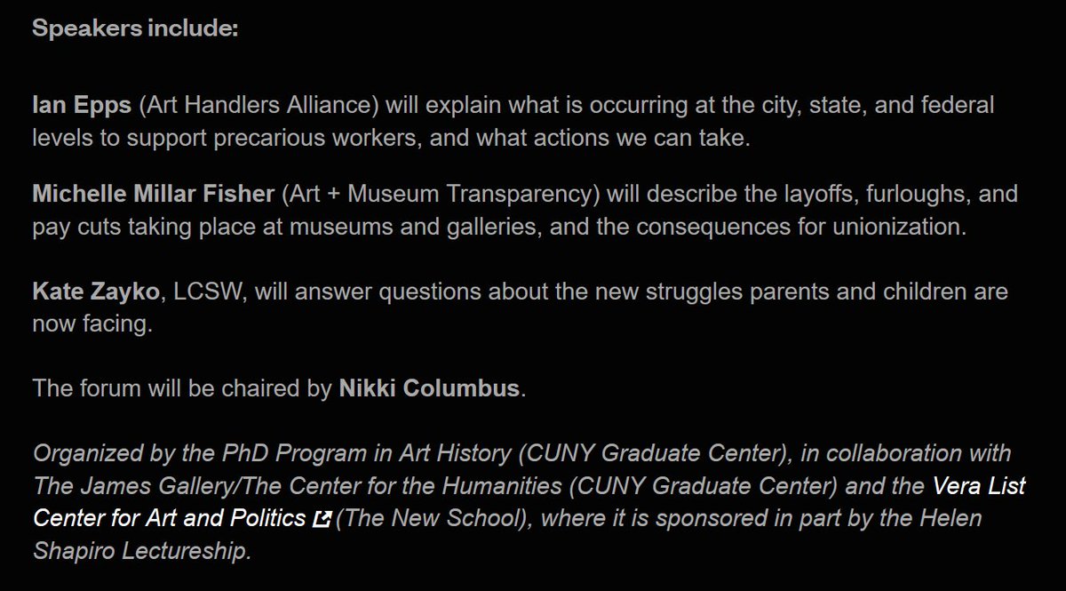 JamesGalleryGC's tweet photo. Tomorrow, join us for "ART • WORK • PLACE: Emergency Sessions" Tue, Apr 7, 7:30 pm, an online emergency forum focusing on current crisis for cultural workers &amp; sharing info &amp; ideas for solidarity, support, coalition forming &amp; strategies for going forward https://t.co/KvUCAx3NVm https://t.co/BzYMfcEr0n