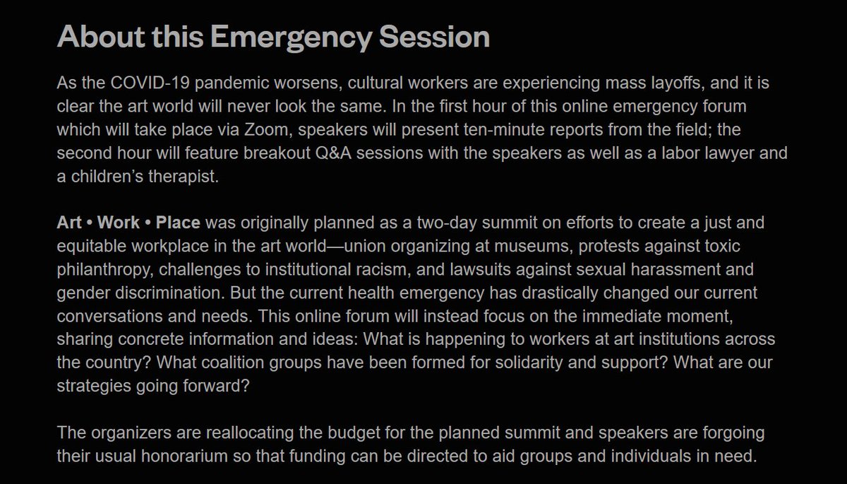 JamesGalleryGC's tweet photo. Tomorrow, join us for "ART • WORK • PLACE: Emergency Sessions" Tue, Apr 7, 7:30 pm, an online emergency forum focusing on current crisis for cultural workers &amp; sharing info &amp; ideas for solidarity, support, coalition forming &amp; strategies for going forward https://t.co/KvUCAx3NVm https://t.co/BzYMfcEr0n