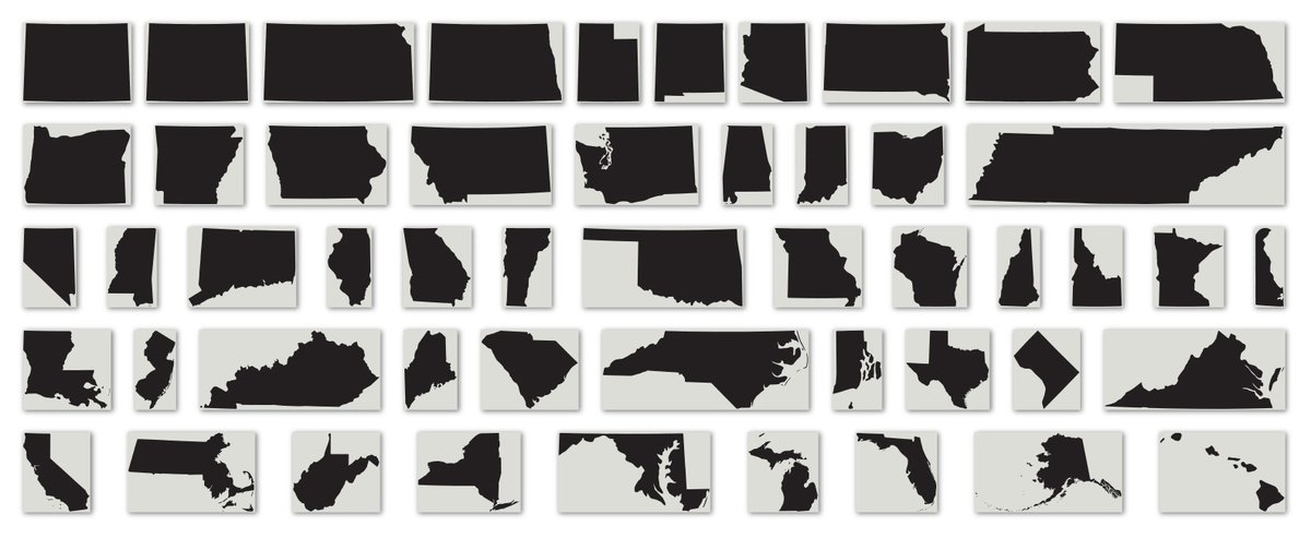 The states, arranged in order of their "cartographic efficiency" (the percentage of a rectangular page layout they take up, assuming north remains up).