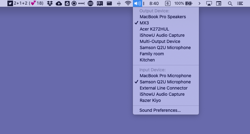 lukestein's tweet photo. Today I learned (from @photomatt 🙏🤯) that if you hold down the Option⌥ key on your Mac when selecting sound settings, it lets you choose the input as well as the output!

(Holding Option⌥ in the left image, normal click on the right) https://t.co/CIgFozOsBA