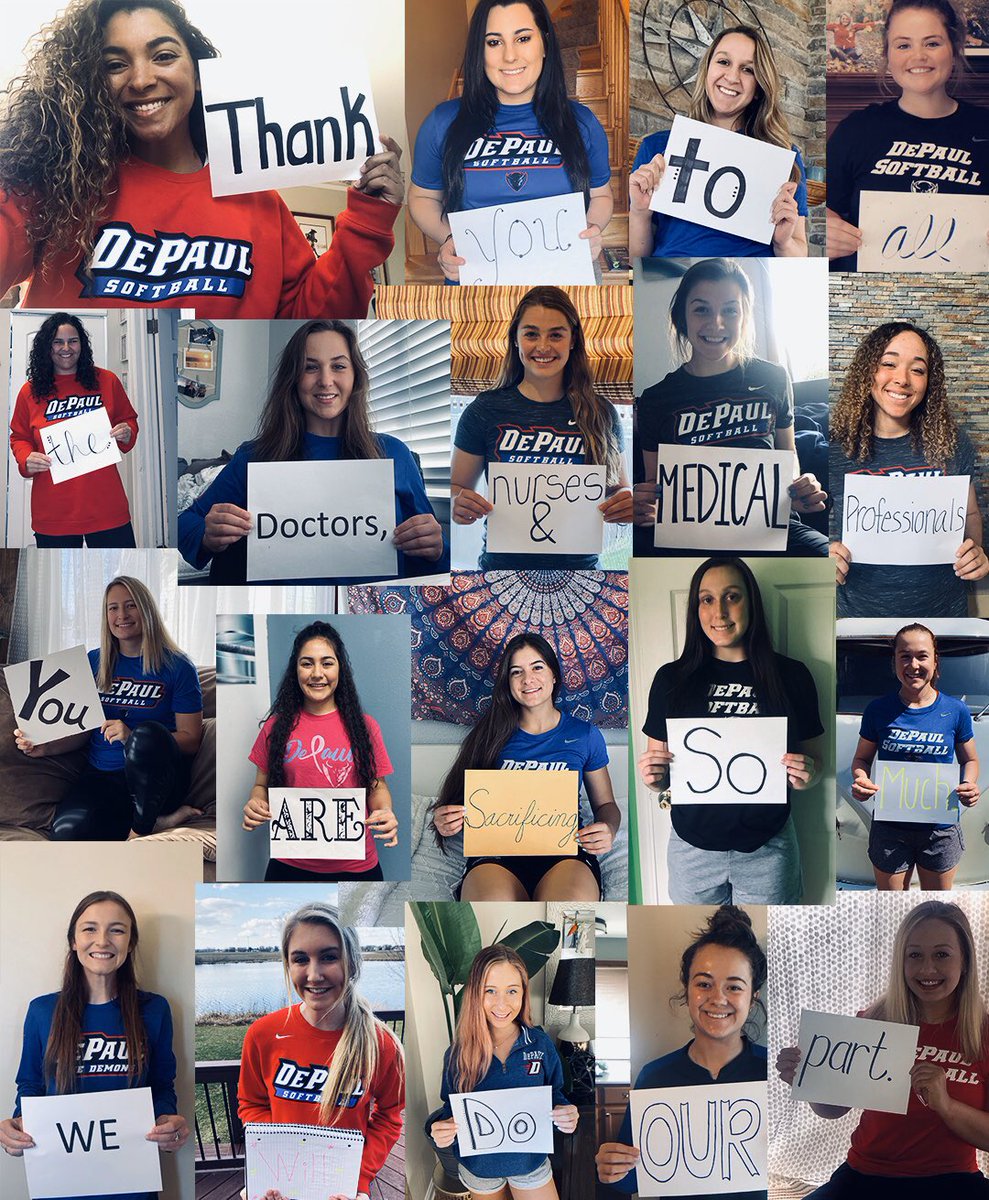 DePaulSB's tweet photo. In place of what would've been our conference season, we are doing one act of kindness each week.

𝓣𝓱𝓪𝓷𝓴 𝔂𝓸𝓾. All of us wrote a letter to those working &amp; fighting on the front lines during this time. Be on the lookout all week long for them💙

#Grit x #7WeekendsofWinning https://t.co/W1s8iDEPfl