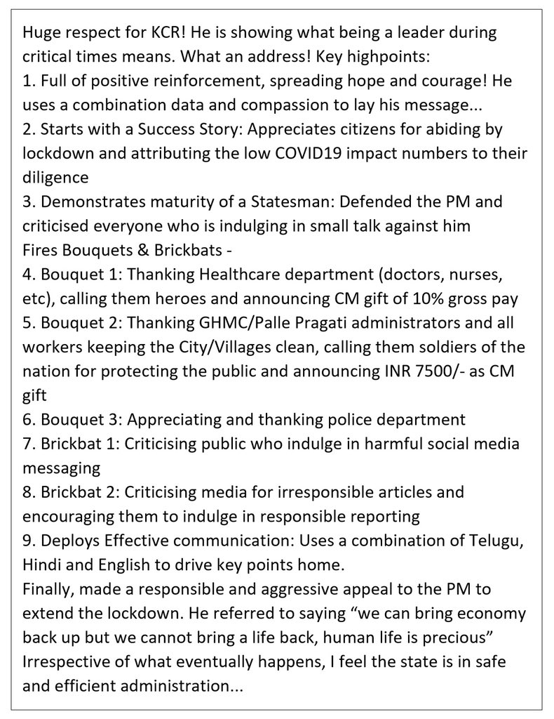 Huge respect to Hon’ble CM KCR garu for operating like a true statesman and his top notch communication style. Key high points in pic. Like KCR garu protects our PM, we should protect our CM!@TelanganaCMO @KTRTRS #FlattenTheCurve #FightAgainstCOVID19