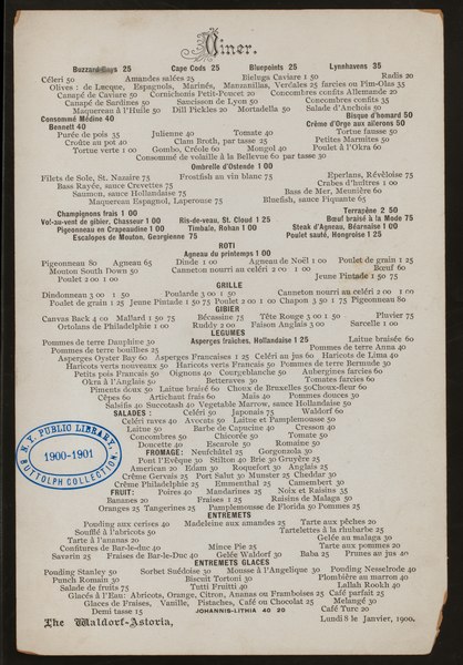 Dinner menu from the original Waldor-Astoria Hotel, 1900. The hotel was demolished to make way for the Empire State Building.
