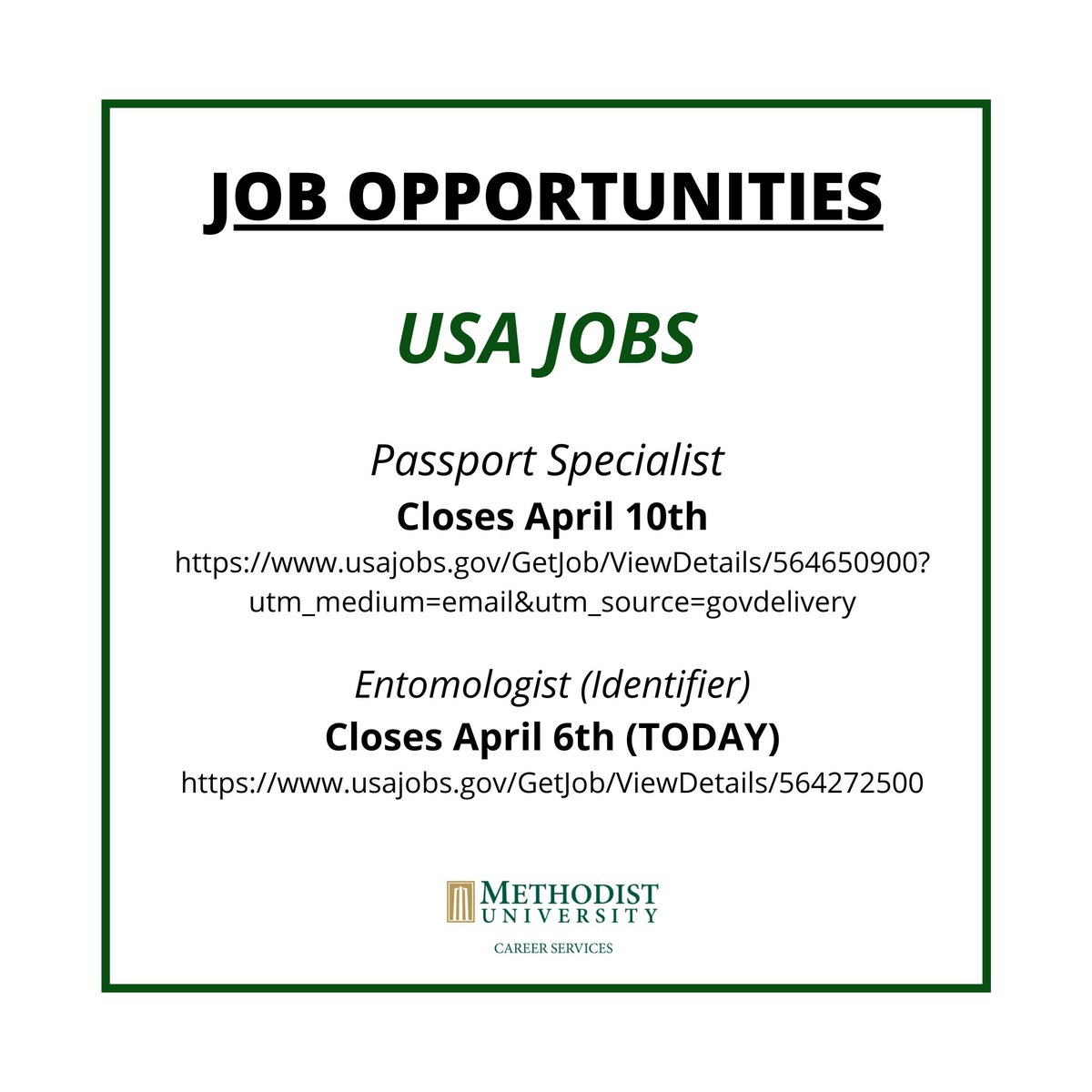 MU_ACAdvising's tweet photo. USA Jobs currently has the following jobs posted:
• Passport Specialist - Closes April 10th
https://t.co/FJloYzukrr
• Entomologist (Identifier) - Closes TODAY
https://t.co/iBg7Gd3Mq5 https://t.co/CHFq1wEpHt