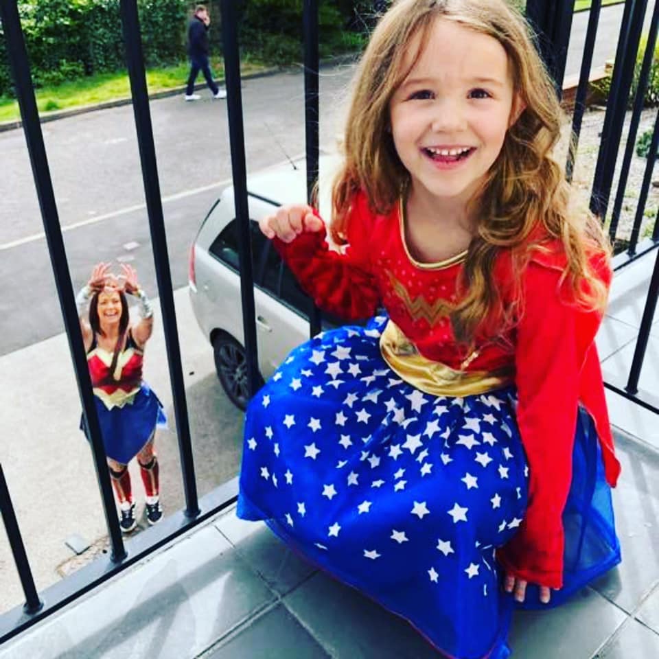 Soon, in Stockport and elsewhere, other superheroes started showing up.Here’s Superman, Wonder Woman, and Flash. They went on their jogs and walks around town, cheering kids up - from a distanceWord is Cinderella's gonna be making the rounds this weekend, too