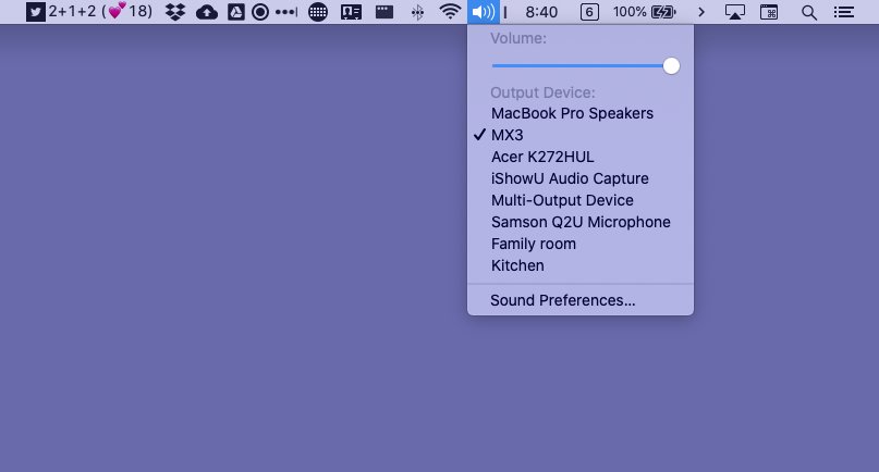 lukestein's tweet photo. Today I learned (from @photomatt 🙏🤯) that if you hold down the Option⌥ key on your Mac when selecting sound settings, it lets you choose the input as well as the output!

(Holding Option⌥ in the left image, normal click on the right) https://t.co/CIgFozOsBA