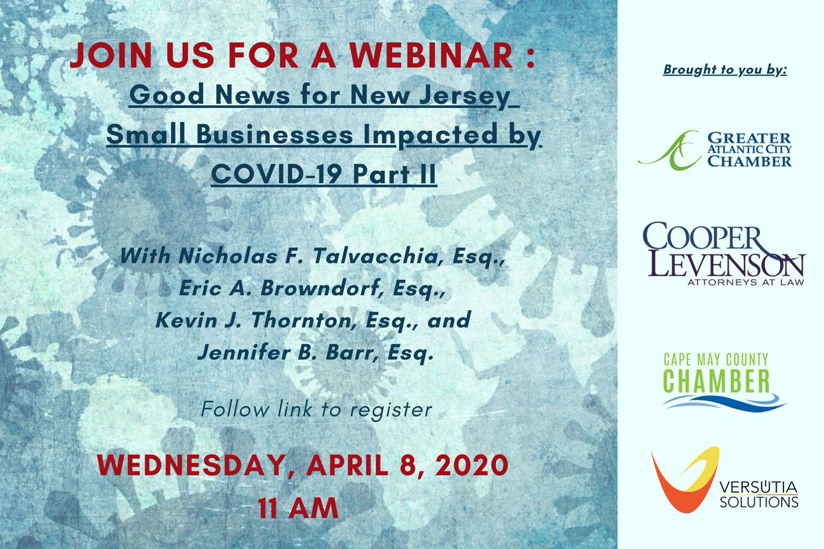 We are hosting a FREE webinar on Wednesday, 4/8 at 11 AM with Greater Atlantic City Chamber on the CARES Act - Get answers to your questions with Cooper Levenson. Register: lnkd.in/echWNXs
