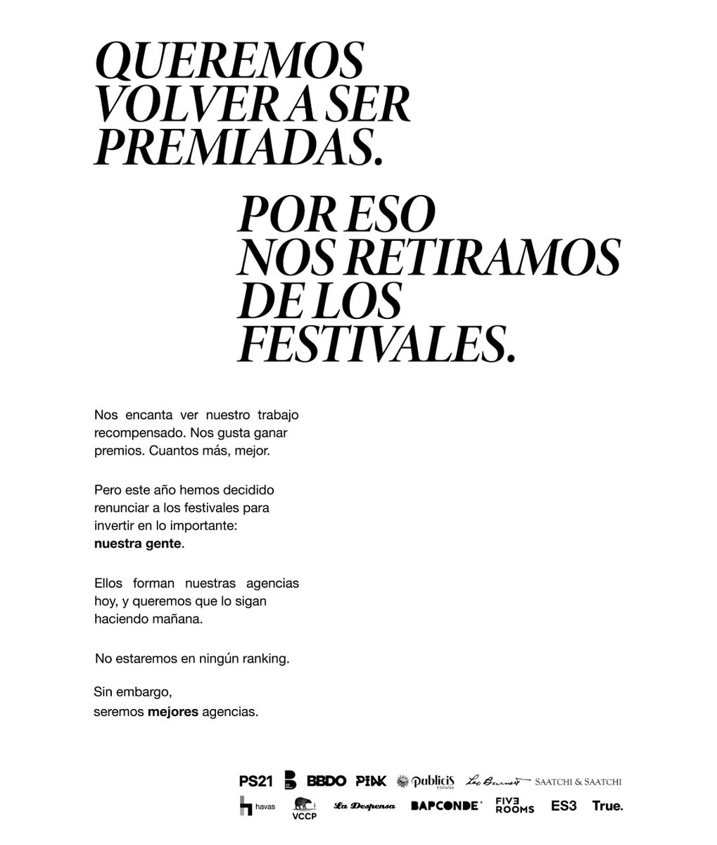 En DDB nos encanta ver nuestro trabajo recompensado, y por eso hemos decidido renunciar a los festivales para así seguir siendo la mejor agencia. #ddbtogether #pararparaseguir