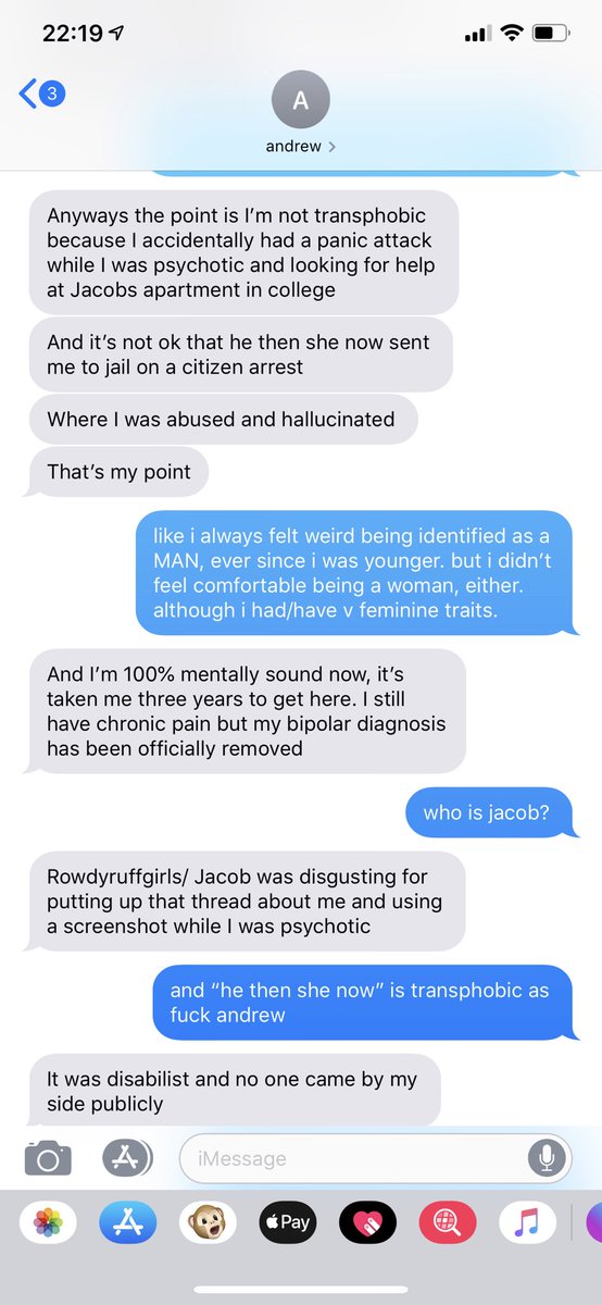 then, he misgendered/deadnamed RRF & said some weird transmisogynistic things. & i became, again, increasingly uncomfortable. i corrected him & told him that wasn’t okay. & he absolutely refused to realize the extent to which he put me in weird position until i stopped responding