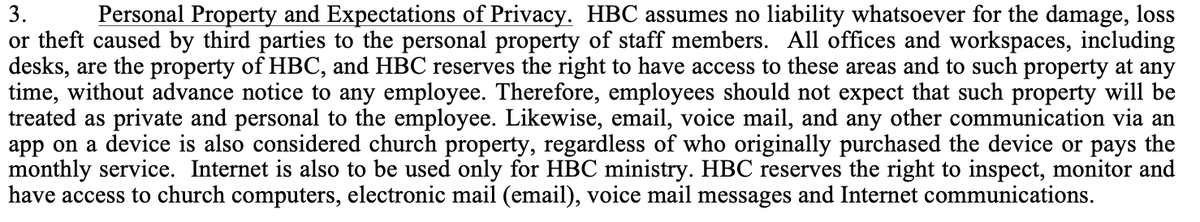 whitevangelical's tweet photo. @JimMead18283862 @ChristaBrown777 @ThigpenTiffany @LoriAnneThomps2 It contains gems like this: HBC demands the right to access the PERSONAL devices of employees. https://t.co/WEwhnfgmKZ