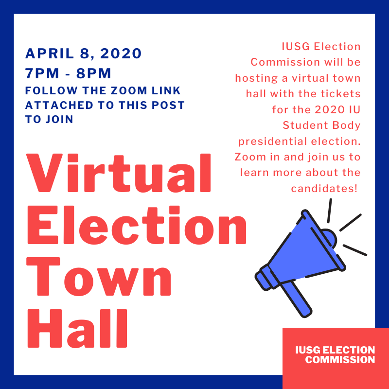 IUSGelections's tweet photo. HOOSIERS:

Interested in the student spring elections and hearing from the candidates who want to lead campus next year? Join our virtual student town hall Wednesday, April 8th from 7:00 - 8:00 pm EST. The link to the meeting is below!

https://t.co/Bmfb2OVdC0 https://t.co/3P8wxKD6Qq