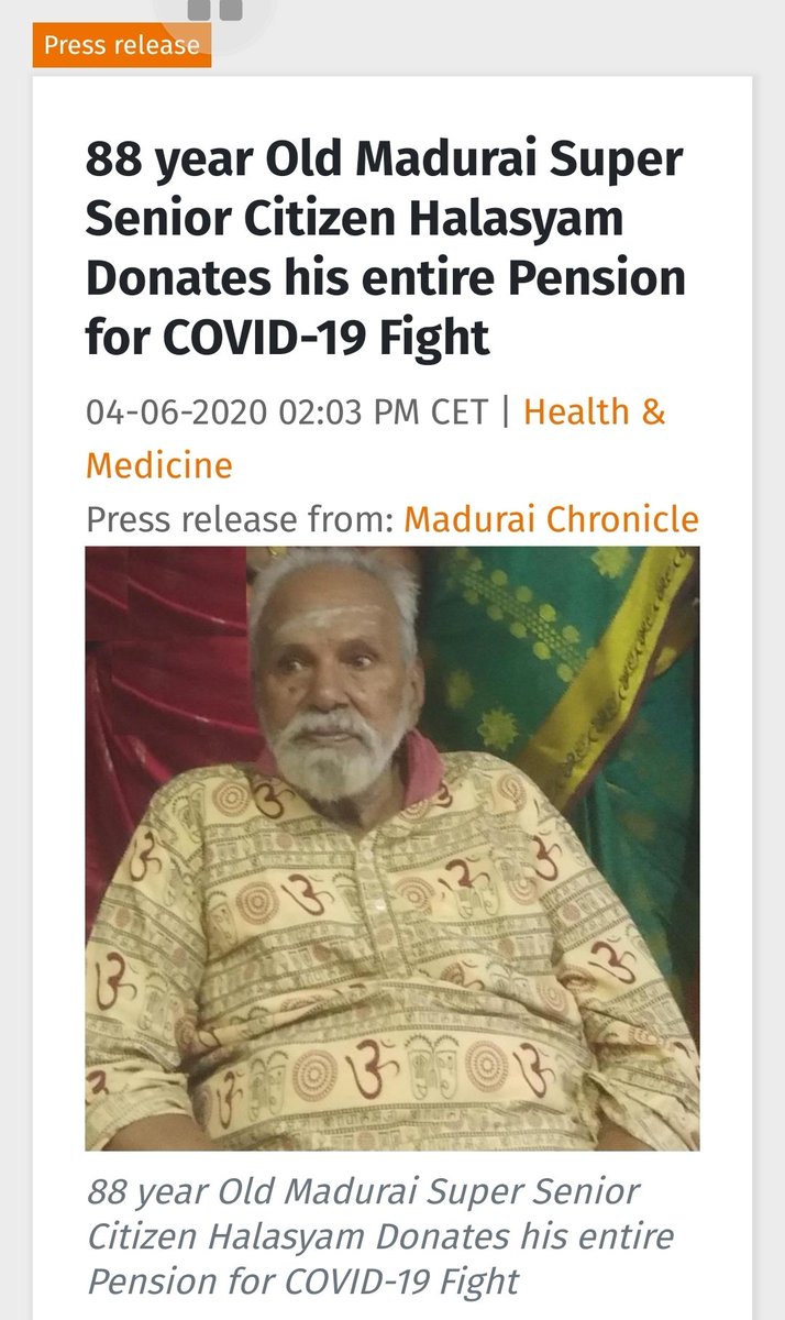 drmmadurai's tweet photo. Proud to mention that 88 years old retired Railway Draughtsman Mr.Halasyam Viswanatha Prabhu donated his pension for Covid-19 fight #FightAgainstCOVID19 @RailMinIndia @GMSRailway https://t.co/zHBPIc63x3