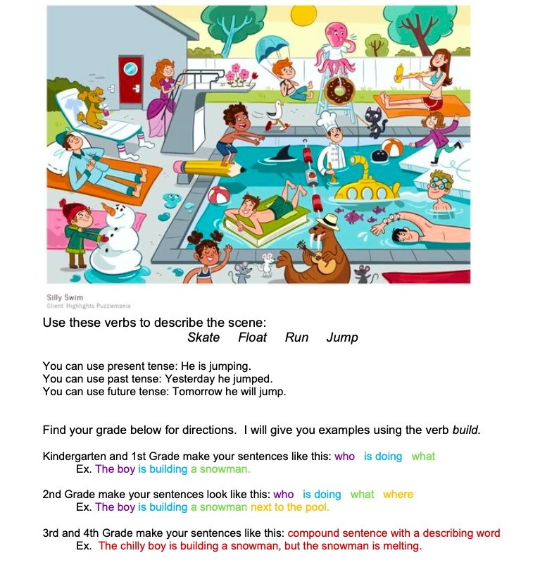 MrsVtheSLP's tweet photo. Describe this scene.  Some sentence examples are provided for you.  Can you see any other actions that I missed? @Hannahschooners @staceespeech https://t.co/jZkTIO0BEt